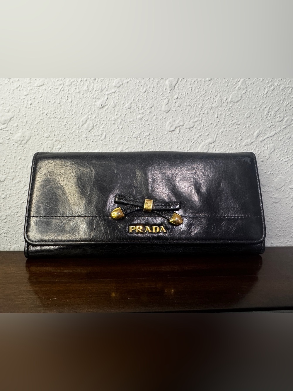 Prada Black Leather Wallet with Gold-Tone Snap